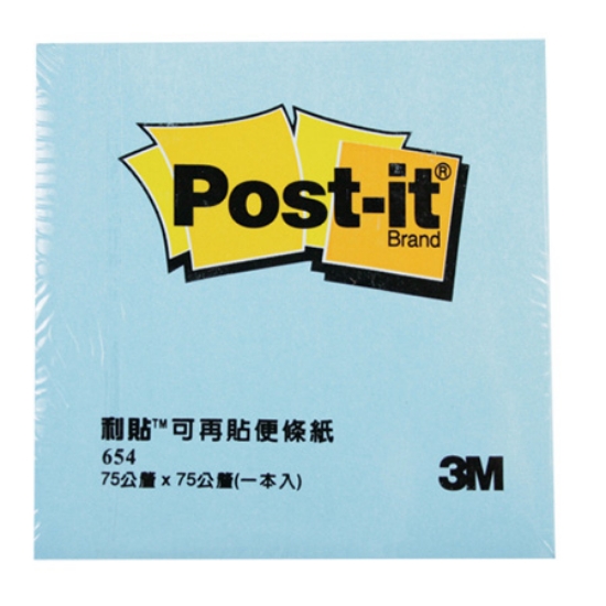 3M Post-it利貼可再貼便條紙/654-2A/3x3"/75x75mm/藍/ 圖片