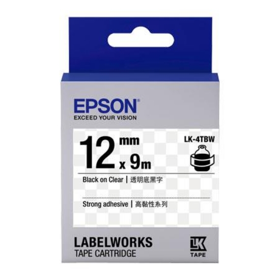 愛普生EPSON高黏性標籤帶/LK-4TBW/透明底黑字/12mmx9M 圖片