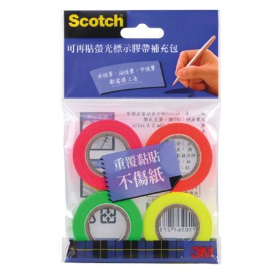 3M Scotch可再貼螢光活貼膠帶補充包/812R4/4色/9mmx20 圖片