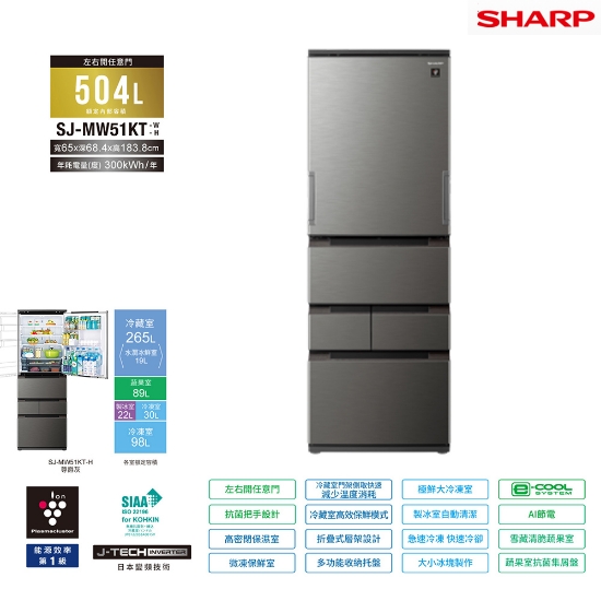 SHARP 夏普504公升左右開任意門變頻五門冰箱 SJ-MW51KT-H (尊爵灰) 圖片