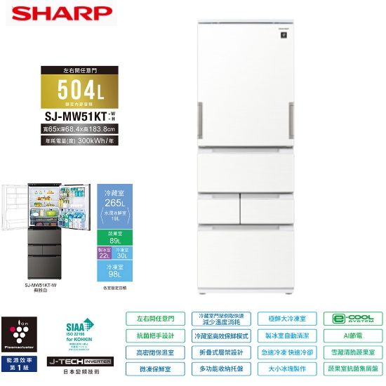 SHARP 夏普504公升左右開任意門變頻五門冰箱 SJ-MW51KT-W (雅典白) 圖片